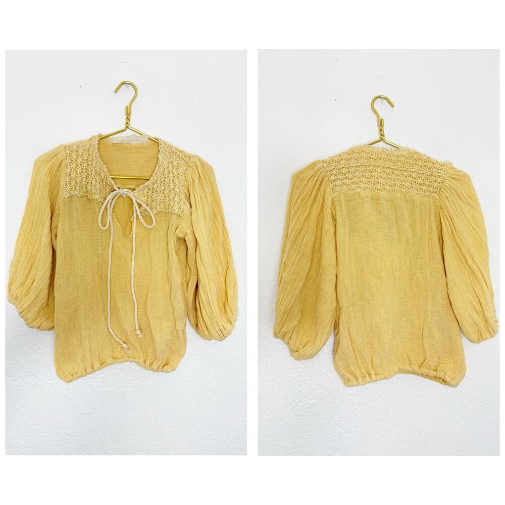 Jen’s Pirate Booty Yellow Tie Front Puff Sleeve Top Size Small Peasant Boho